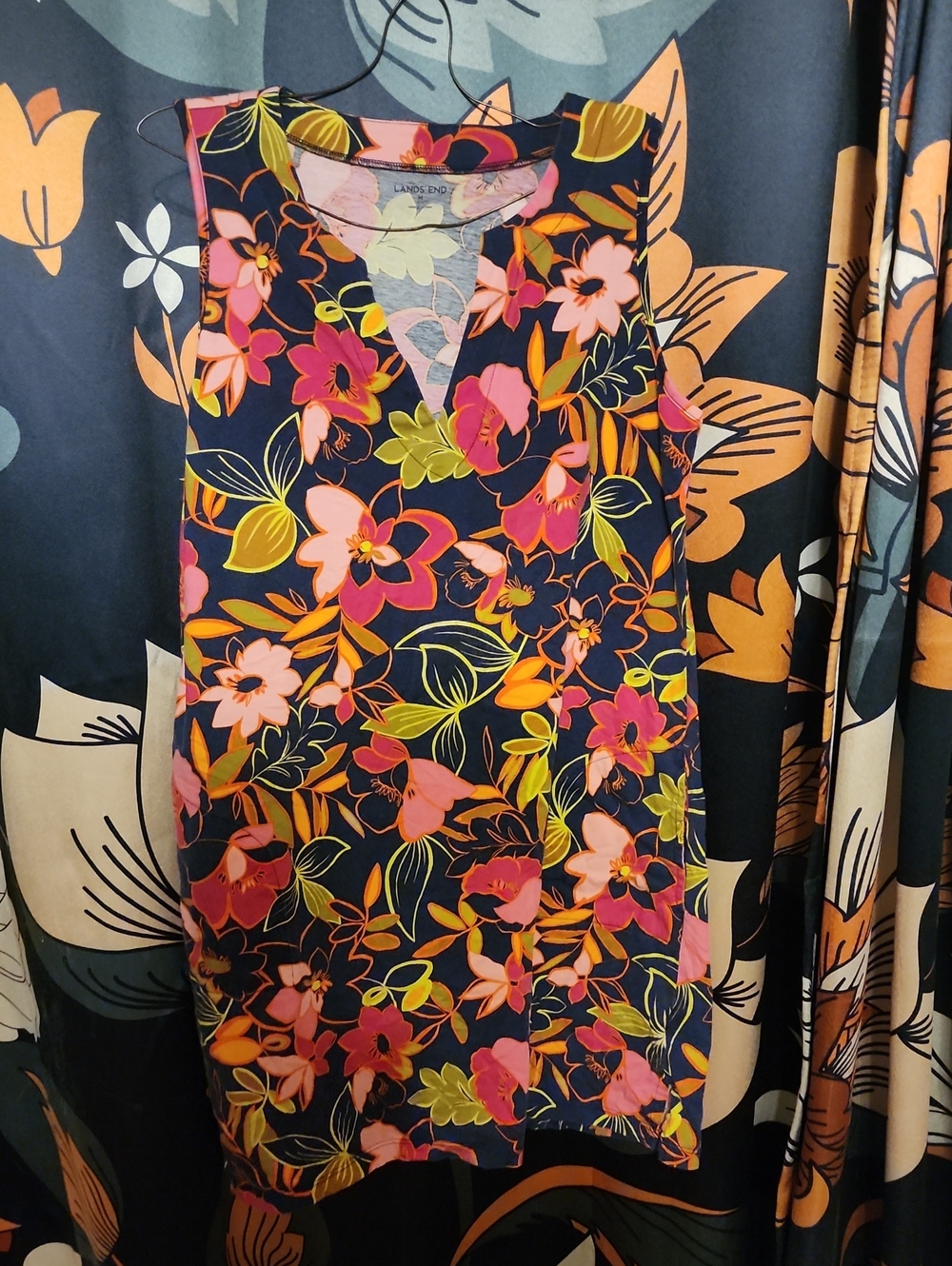 Lands' End Navy Sleeveless Floral Shift Dress with Pink & Yellow Blossoms